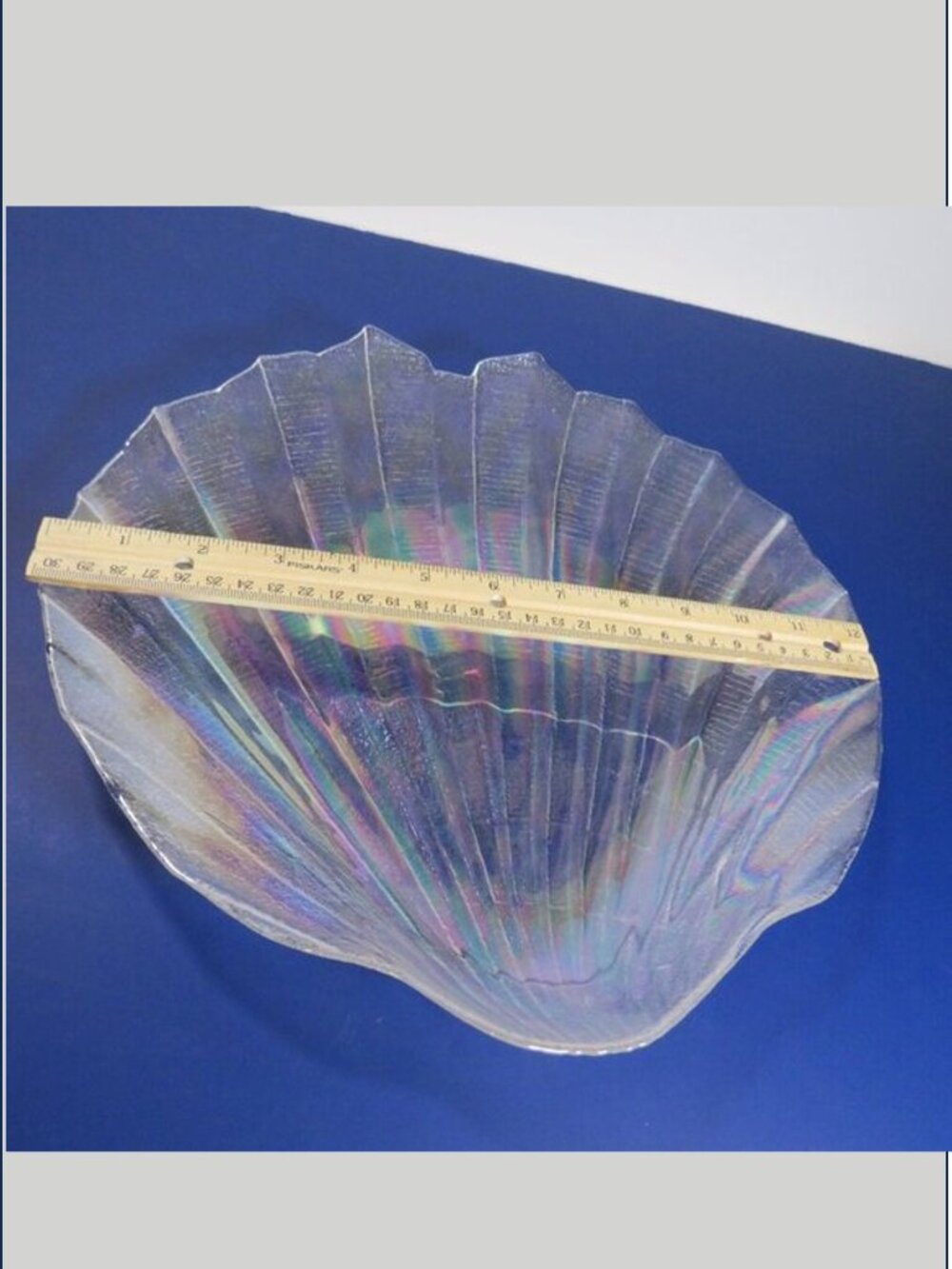 seashell dish clear glass with the iridescent Sheen and textured design